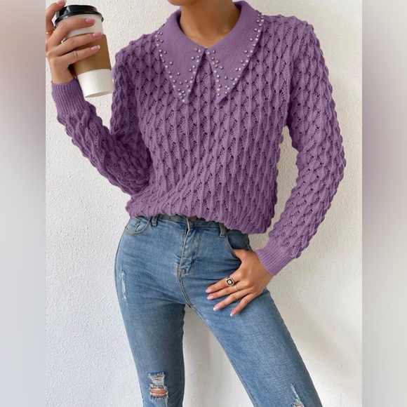 Purple Pointelle Knit Rhinestone Faux Pearl Sweater - Picture 4 of 6